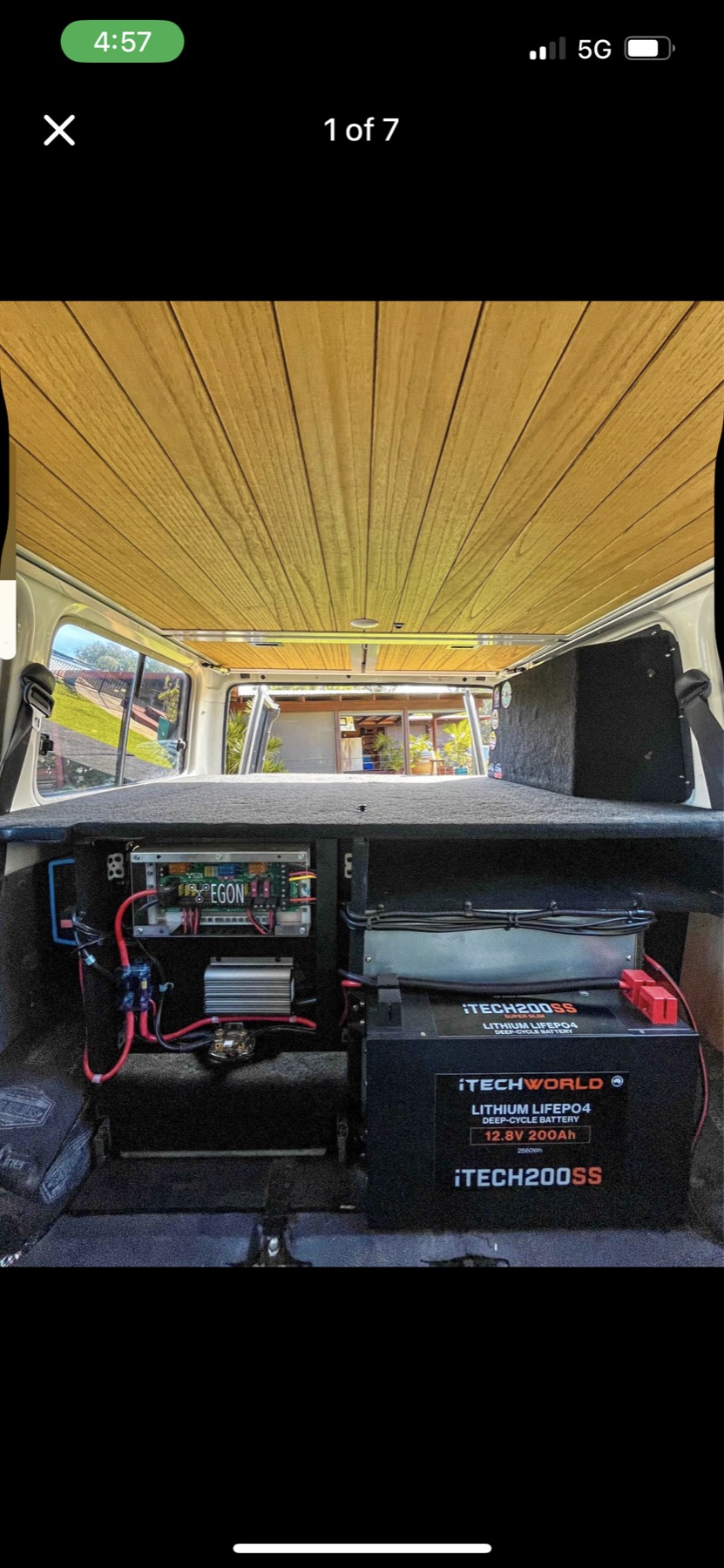 Van interior electrical install with timber ceiling and battery system